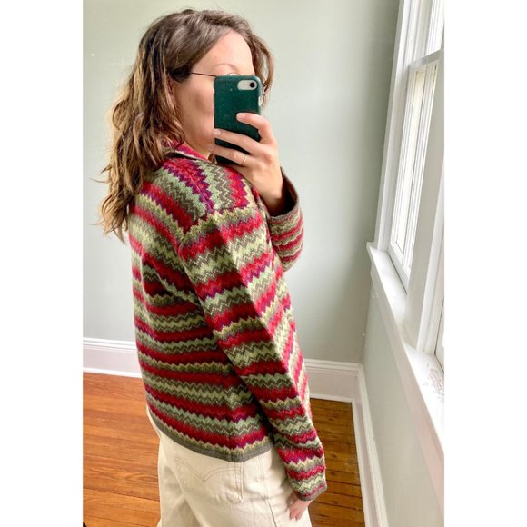 Vintage 90s Y2K Striped Cardigan Lambs Wool Button Up Cottagecore Sweater L - Picture 3 of 6